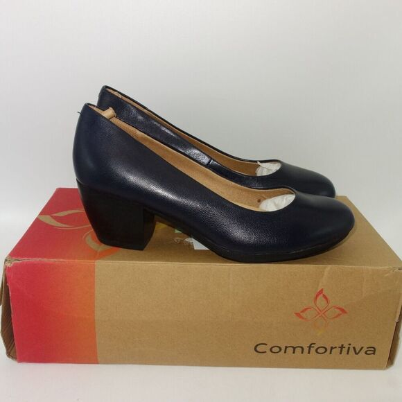 NEW Comfortiva Amora Pumps Heels Square Chunky Shoes Peacoat Navy Blue Women's 6 - Picture 4 of 9